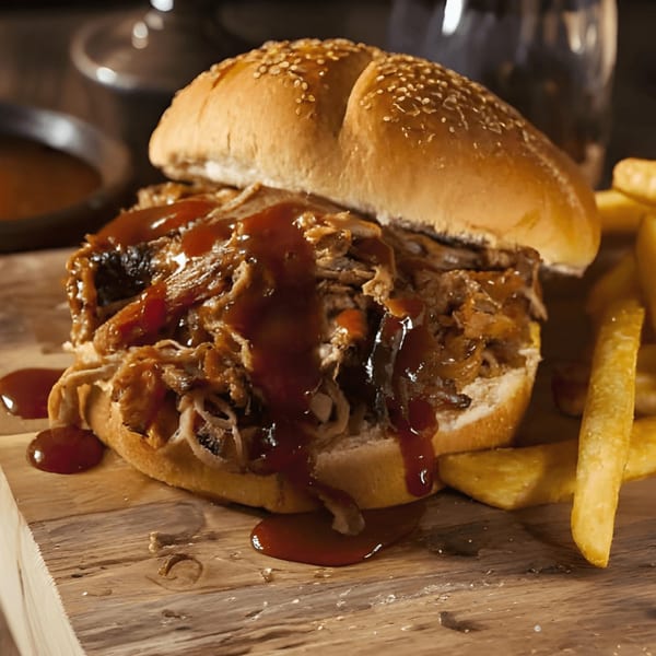 Charlie Staples Pitt Boss BBQ pulled pork sandwich with barbecue sauce and a side of fries.