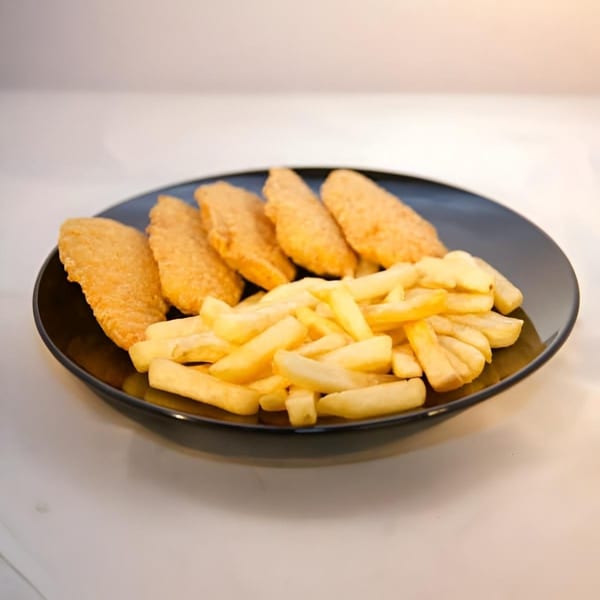 A black plate holds five golden-brown chicken tenders and a pile of crispy french fries.