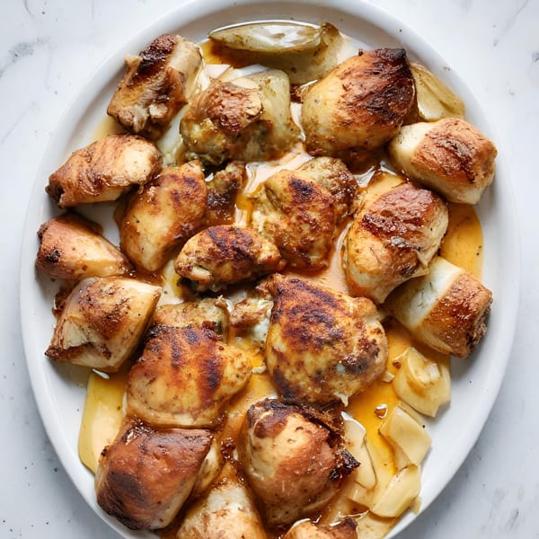 Close-up of golden-brown BBQ chicken pieces and sliced potatoes in a white dish.