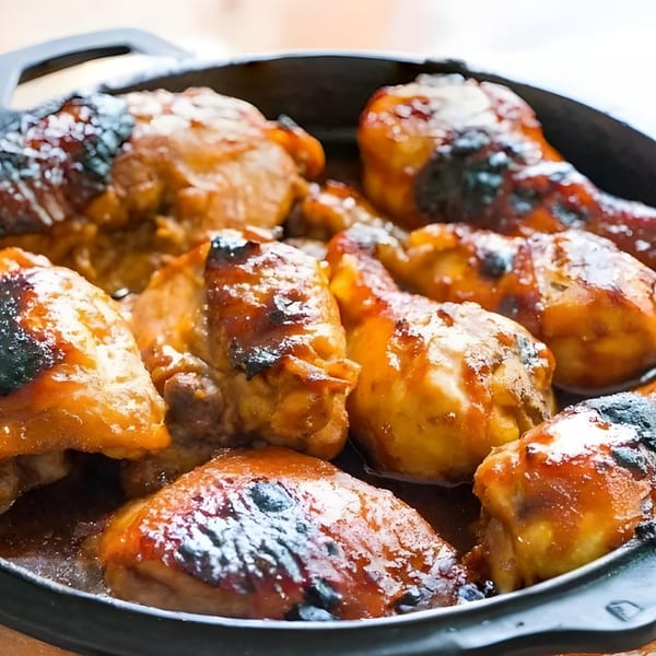Close-up of Charlie Staples Pitt Boss BBQ chicken pieces with crispy, glazed skin in a black pan.